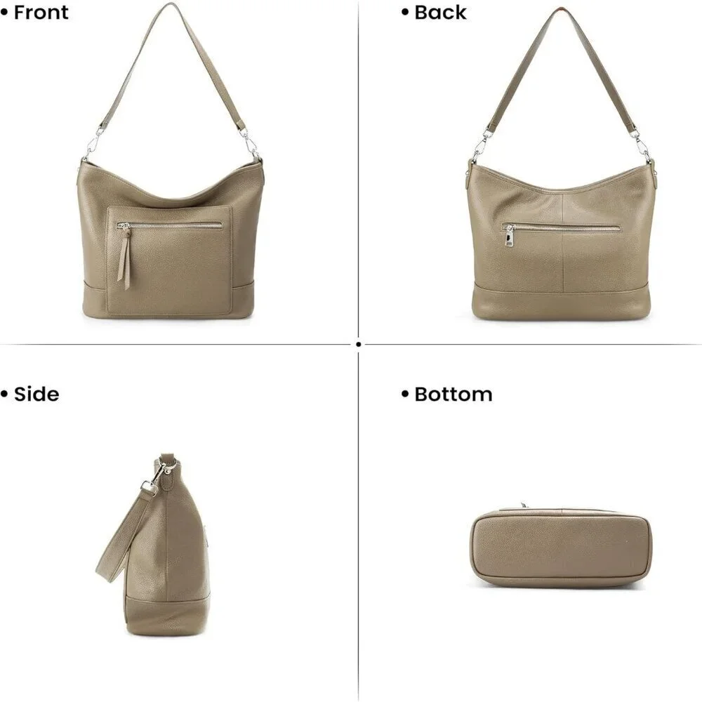 Genuine Leather Hobo Bag Large Multi-Pocket Shoulder Crossbody Zipper
